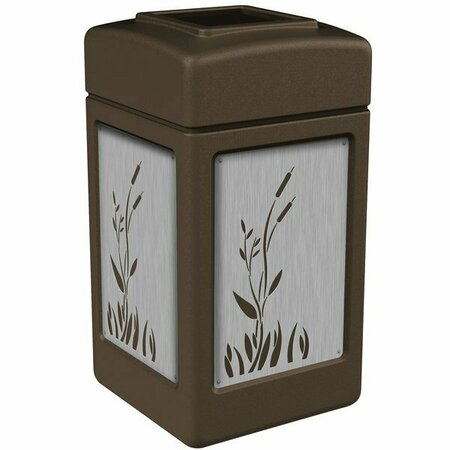 COMMERCIAL ZONE CZ 733962 42 Gallon Brown Square Trash Receptacle with Stainless Steel Cattail Panels 278733962